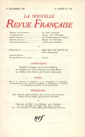 Téléchargez le livre :  La Nouvelle Revue Française N' 180 (Décembre 1967)