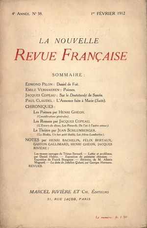 Téléchargez le livre :  La Nouvelle Revue Française N' 38 (Février 1912)