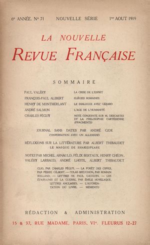 Téléchargez le livre :  La Nouvelle Revue Française N' 71 (Aout 1919)