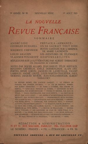 Téléchargez le livre :  La Nouvelle Revue Française N' 95 (Aout 1921)