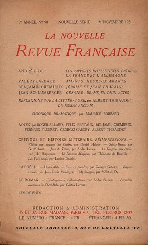 Téléchargez le livre :  La Nouvelle Revue Française N' 98 (Novembre 1921)