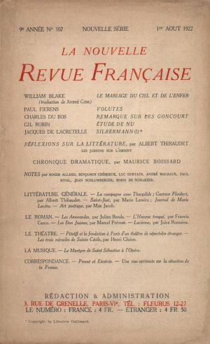 Téléchargez le livre :  La Nouvelle Revue Française N° 107 (Août 1922)