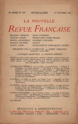 Téléchargez le livre :  La Nouvelle Revue Française N' 109 (Octobre 1922)