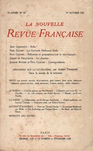 Téléchargez le livre :  La Nouvelle Revue Française N' 145 (Octobre 1925)