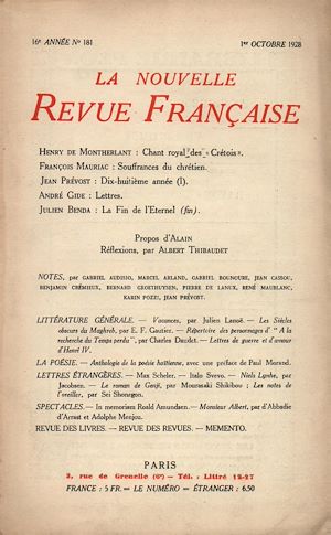 Téléchargez le livre :  La Nouvelle Revue Française N' 181 (Octobre 1928)