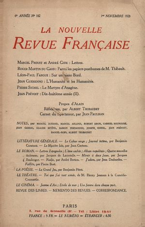Téléchargez le livre :  La Nouvelle Revue Française N' 182 (Novembre 1928)