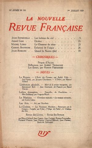 Téléchargez le livre :  La Nouvelle Revue Française N' 190 (Juillet 1929)