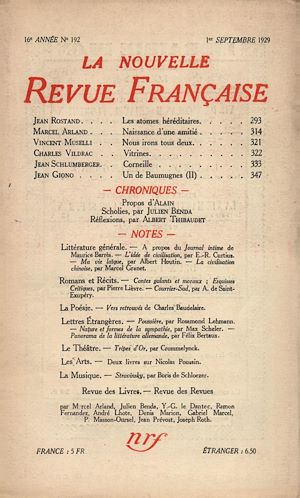 Téléchargez le livre :  La Nouvelle Revue Française N' 192 (Septembre 1929)