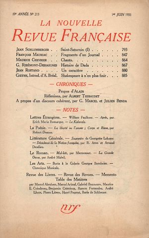 Téléchargez le livre :  La Nouvelle Revue Française N' 213 (Juin 1931)