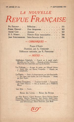 Téléchargez le livre :  La Nouvelle Revue Française N' 216 (Septembre 1931)