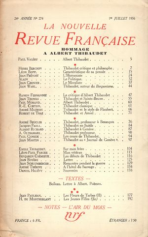 Téléchargez le livre :  Hommage r Albert Thibaudet N° 274 (Juillet 1936)