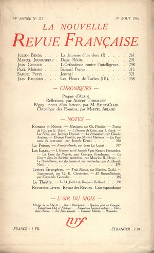 Téléchargez le livre :  La Nouvelle Revue Française N° 275 (Aout 1936)