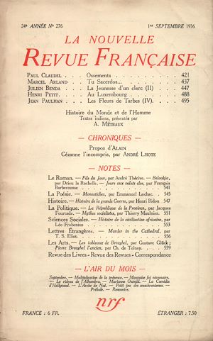 Téléchargez le livre :  La Nouvelle Revue Française N° 276 (Septembre 1936)
