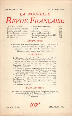 Téléchargez le livre :  La Nouvelle Revue Française N° 289 (Octobre 1937)