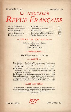 Téléchargez le livre :  La Nouvelle Revue Française N° 290 (Novembre 1937)