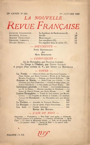 Téléchargez le livre :  La Nouvelle Revue Française N° 292 (Janvier 1938)