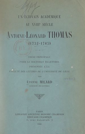 Téléchargez le livre :  Un écrivain académique au XVIIIe siècle, Antoine Léonard Thomas (1732-1785)