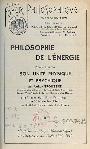 Téléchargez le livre :  Philosophie de l'énergie (1). Son unité physique et psychique