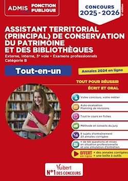 Télécharger le livre :  Concours Assistant territorial et Assistant principal de conservation du patrimoine et des bibliothèques - Catégorie B - Tout-en-un